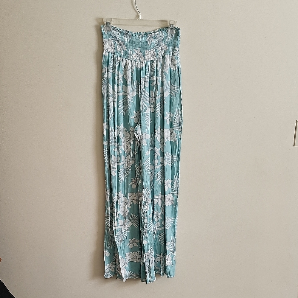 Forever 21 Teal Floral Palazzo Pants Wide Leg Beach Pants Skirt Womens Large